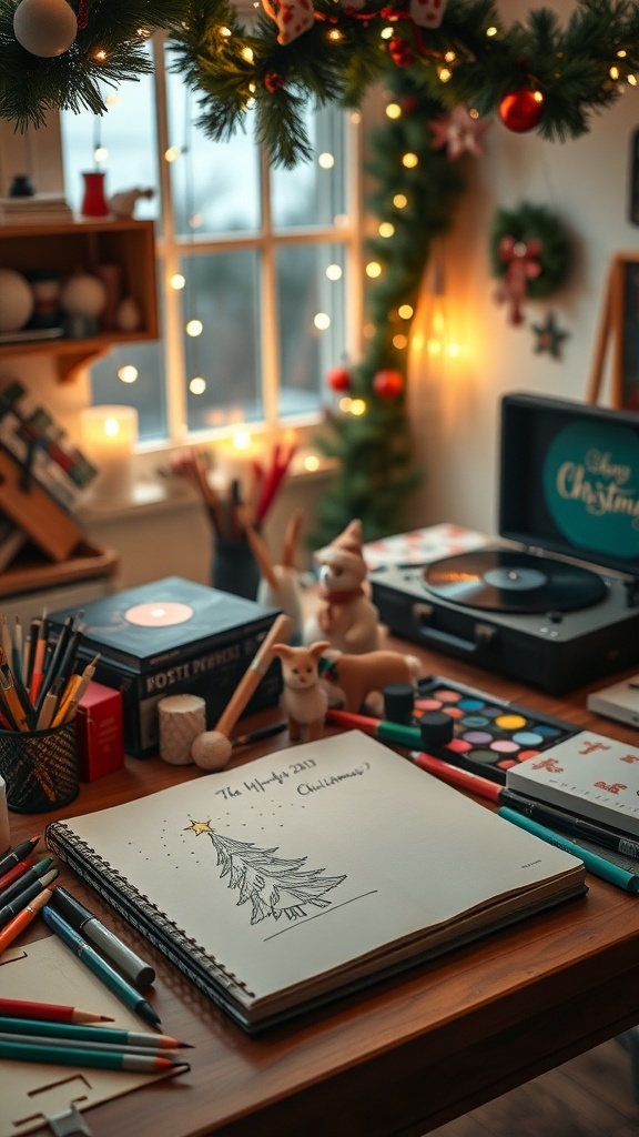 A festive art studio with Christmas decorations, art supplies, and a record player playing holiday music.